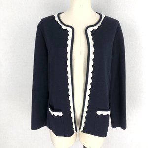 Talbots Women's Size Large Navy Blue & White Open Front Knit Cardigan Sweater